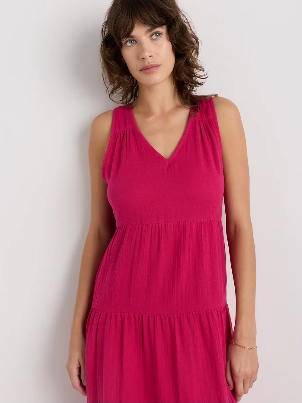 Quince 100% Organic Cotton Gauze Tiered Maxi Midi Dress in Amaranth Pink Medium - Picture 2 of 8